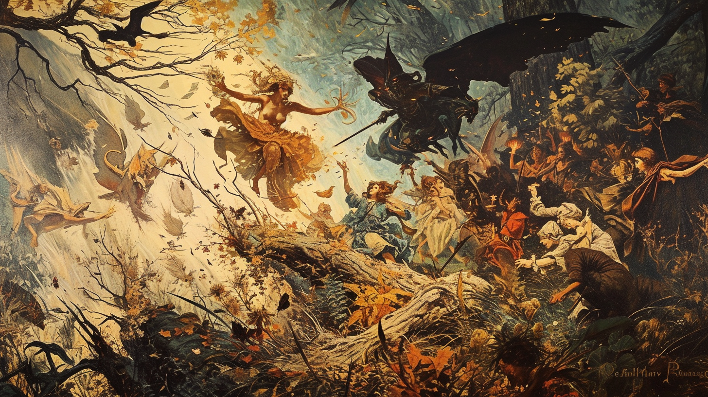 Faerie army battling with witches illustration