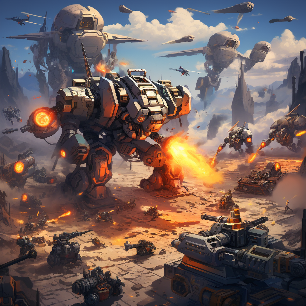 Intense battle scene with mechs, tanks, and planes