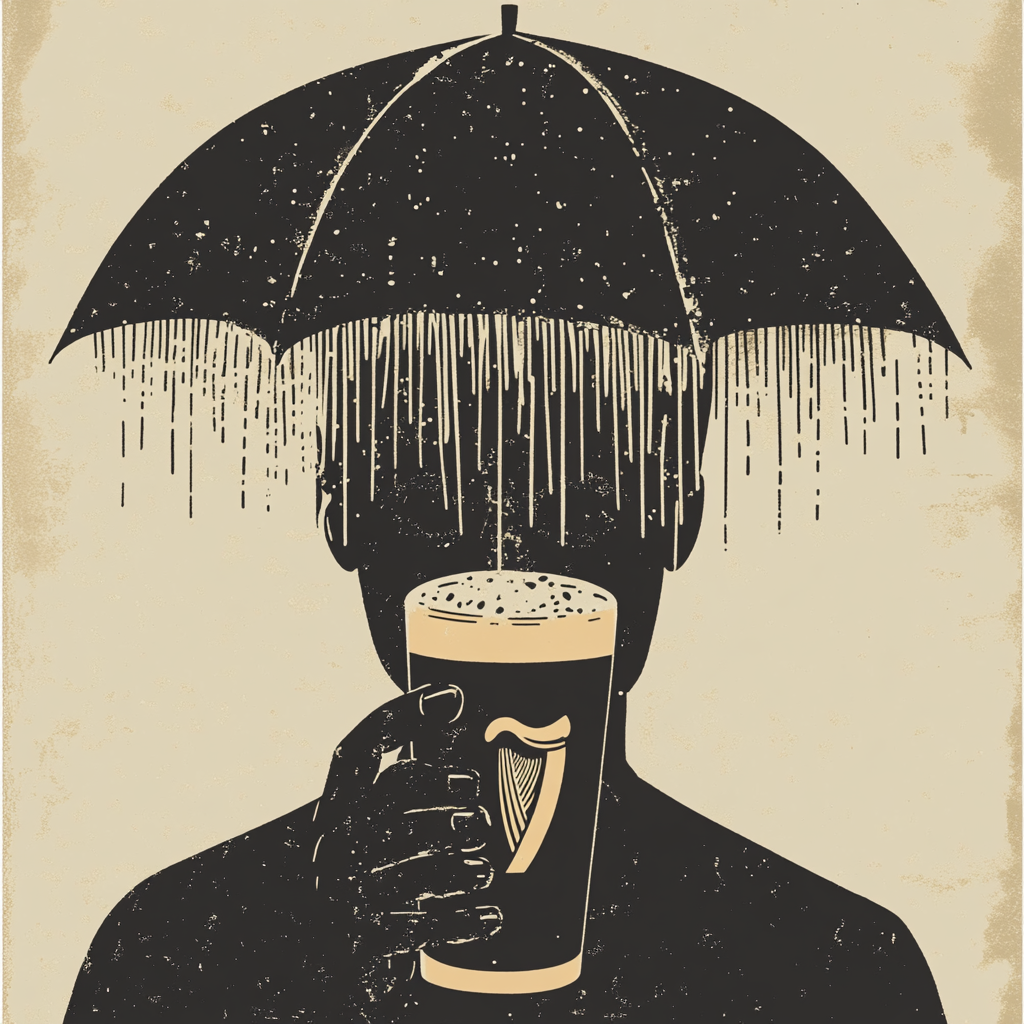 Person holding Guinness under umbrella in rain