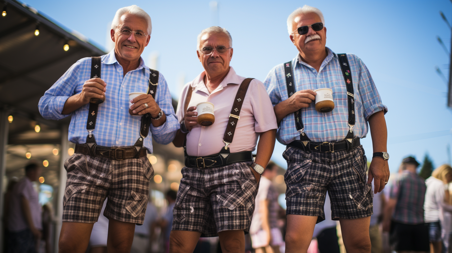 Three Bavarians wearing heart-patterned underpants at Oktoberfest