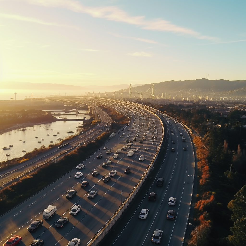 Cinematic drone shot of cars driving towards San Francisco