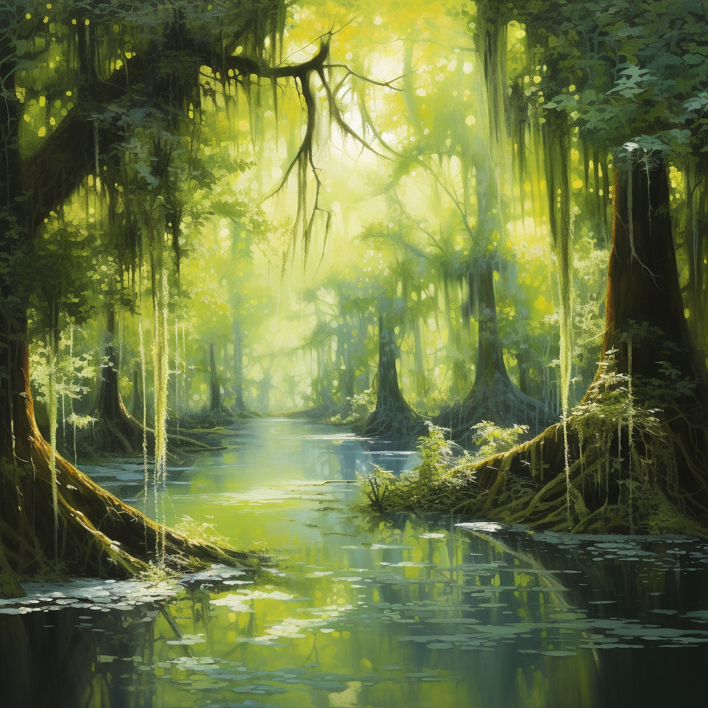 Vibrant bayou landscape with fluorescent tendrils