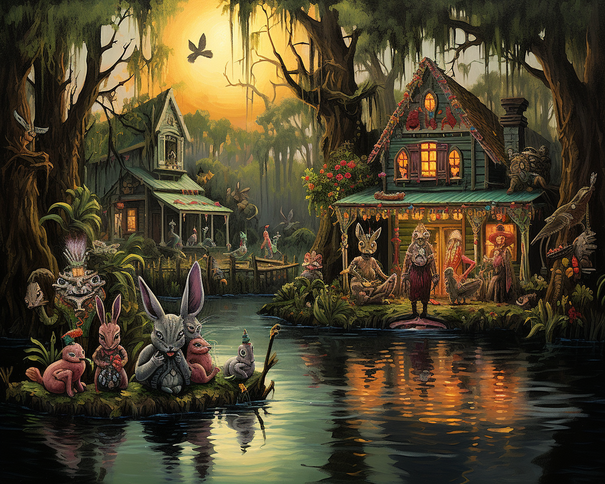 Mythic animal characters in a surreal bayou swamp