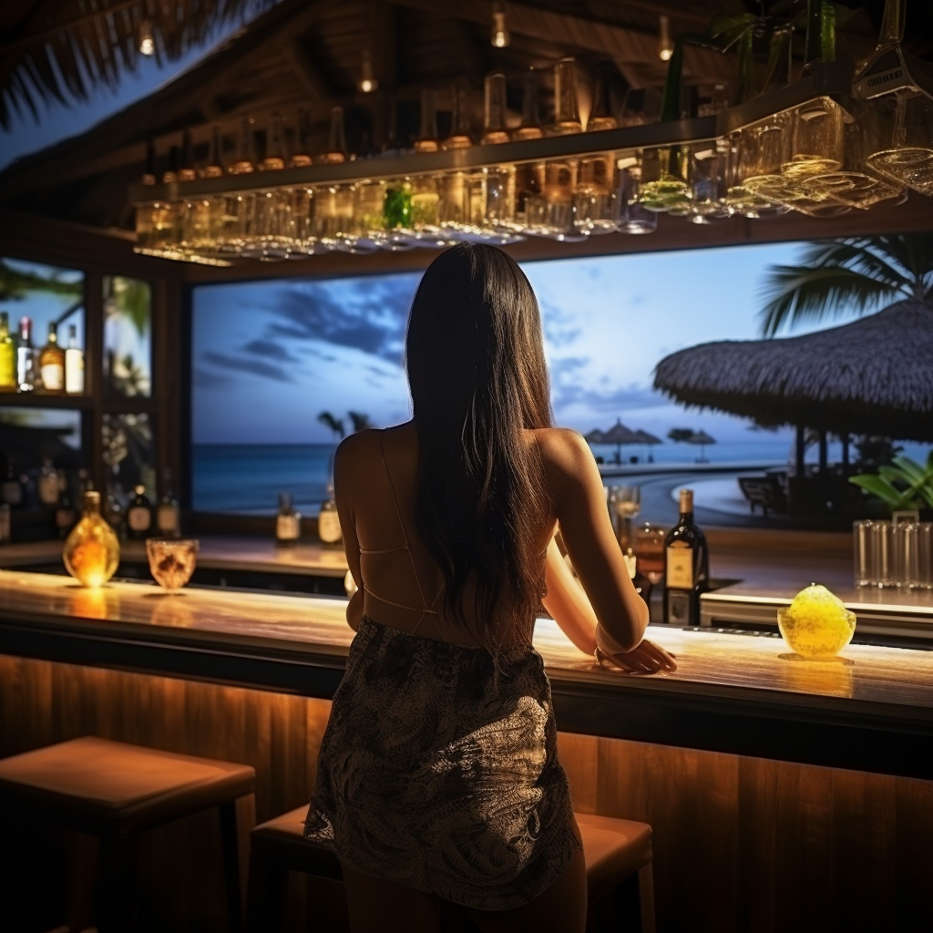 Asian bartender serving tropical drinks