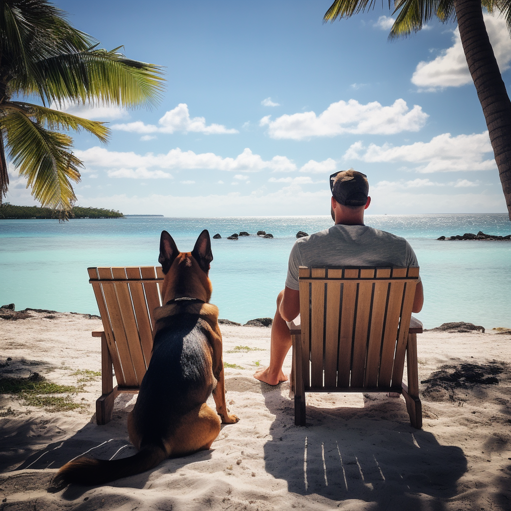 Man with German Shepherd enjoying Bahamas beach view