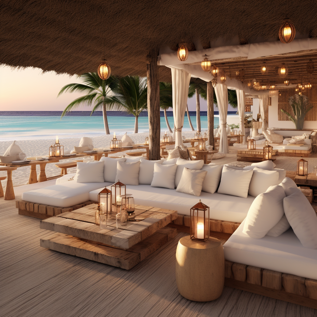 Relaxing beach club with white sofas and ocean view