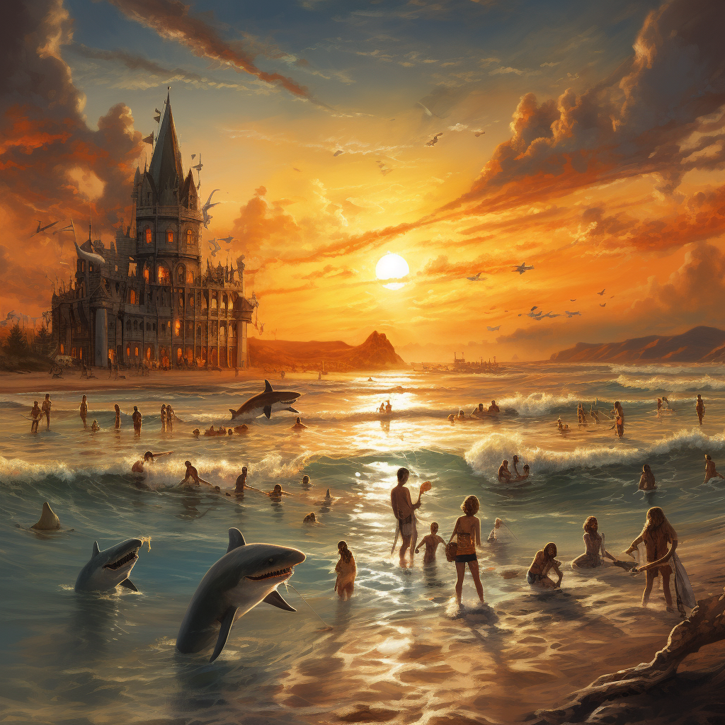 Beach with gold and silver sunset, zombies playing volleyball and dolphins enjoying ice cream