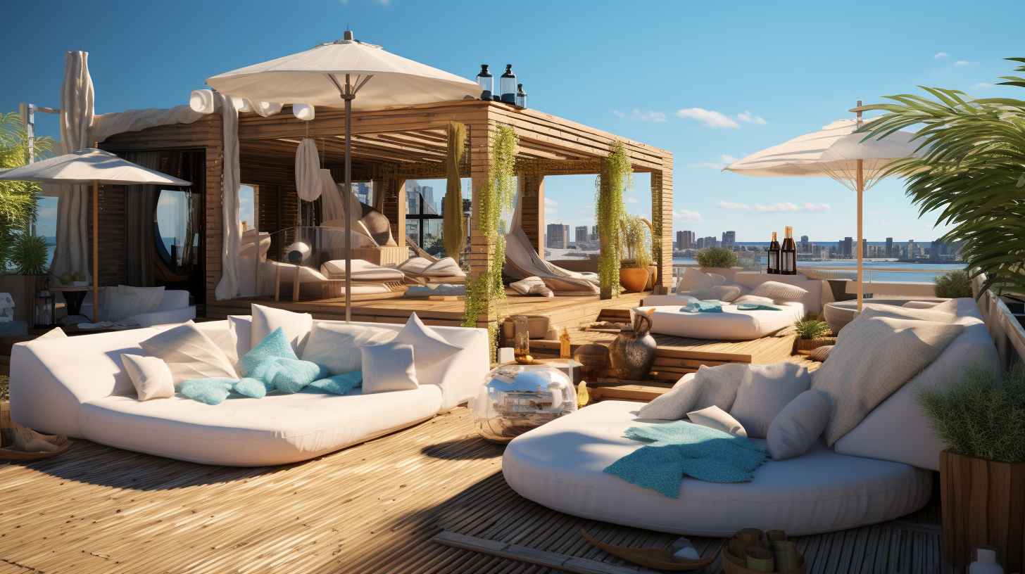 Beach hotel rooftop with sand, bean bag, umbrella, and bar