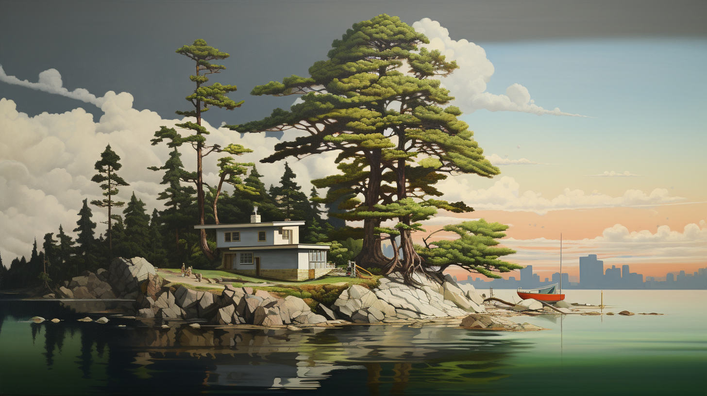 Beautiful beach island painting with trees and garage