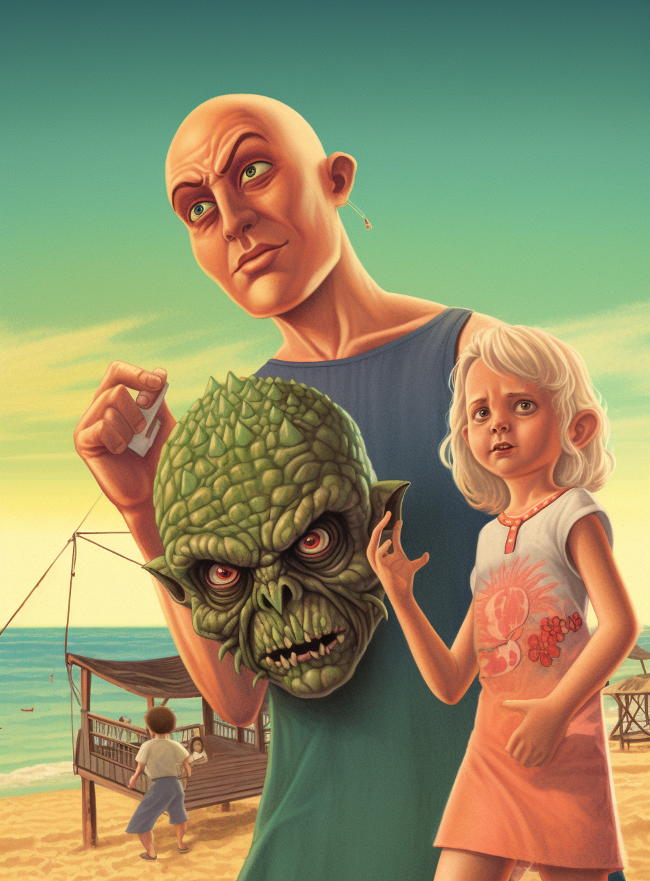 Three-year-old boy, Mexican woman, and bald white man on a beach with a monster