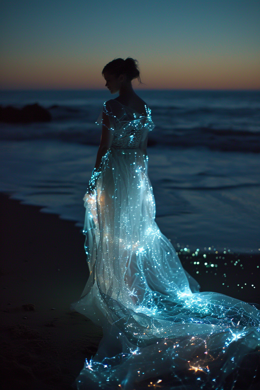 Woman on beach wearing glowing starfish dress