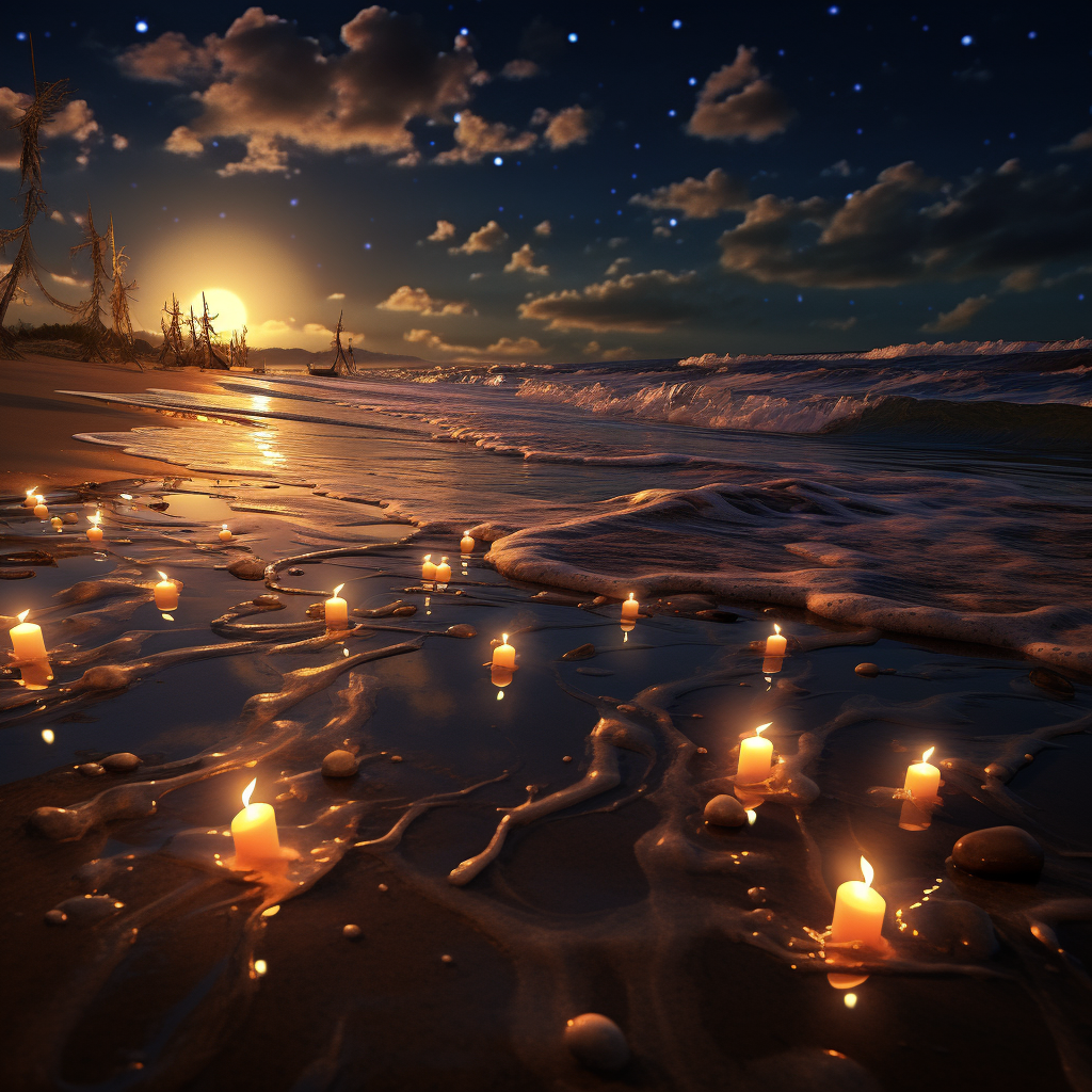 Beautiful beach candles under moonlight