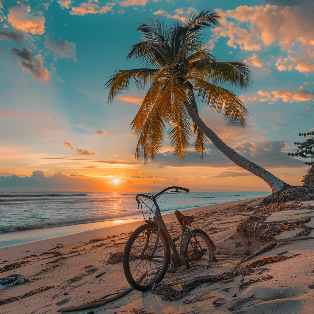 beach palm tree sunset bicycle