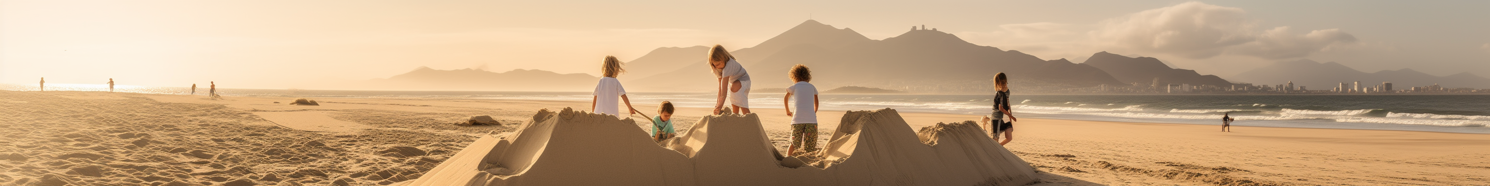 Parents and kids building sand castles on the beach