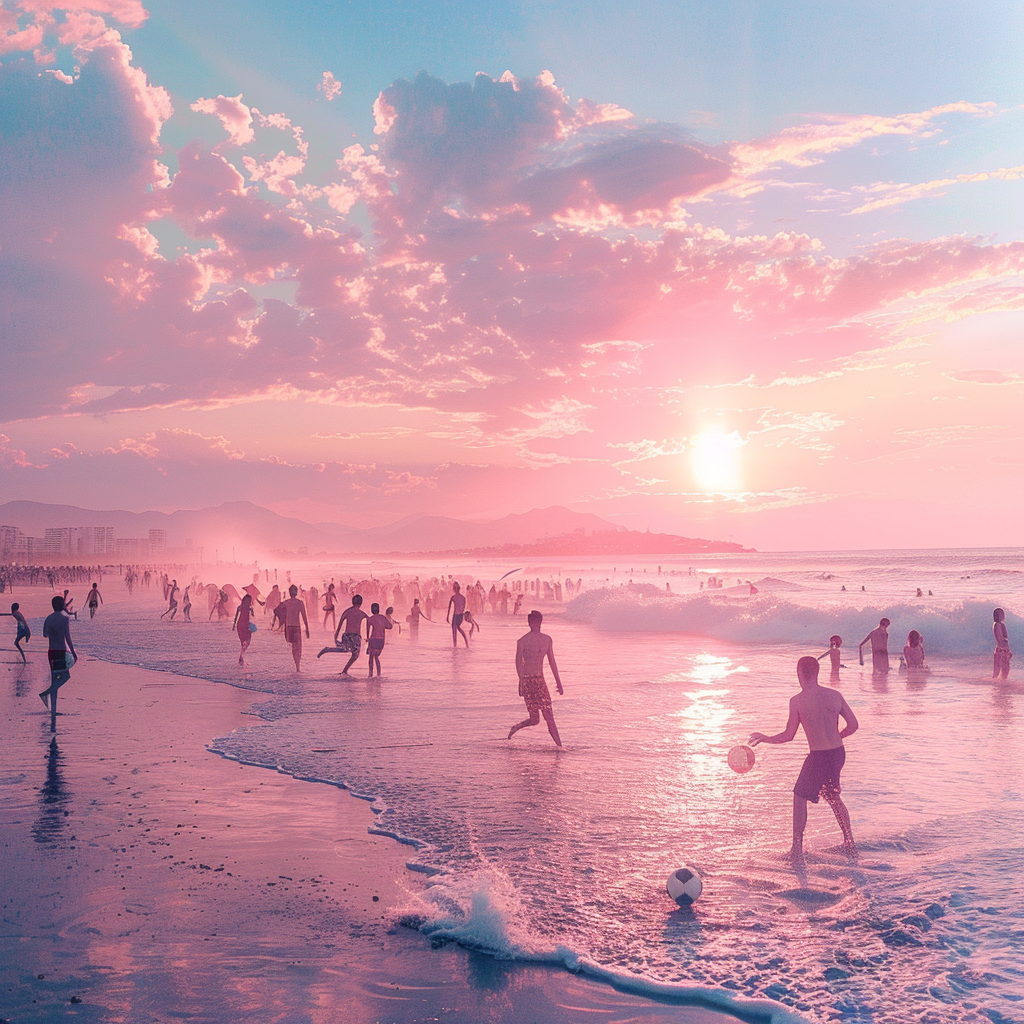 People playing beach soccer at sunset