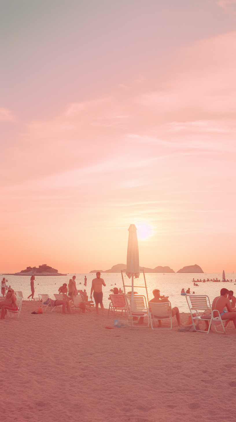 People on the beach at sunrise in Ibiza