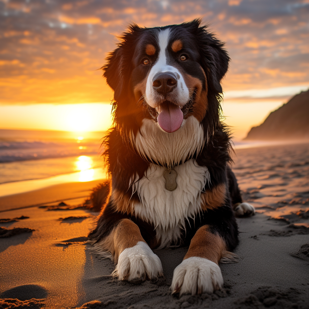 Adorable Berner Mountain Dog on the Beach