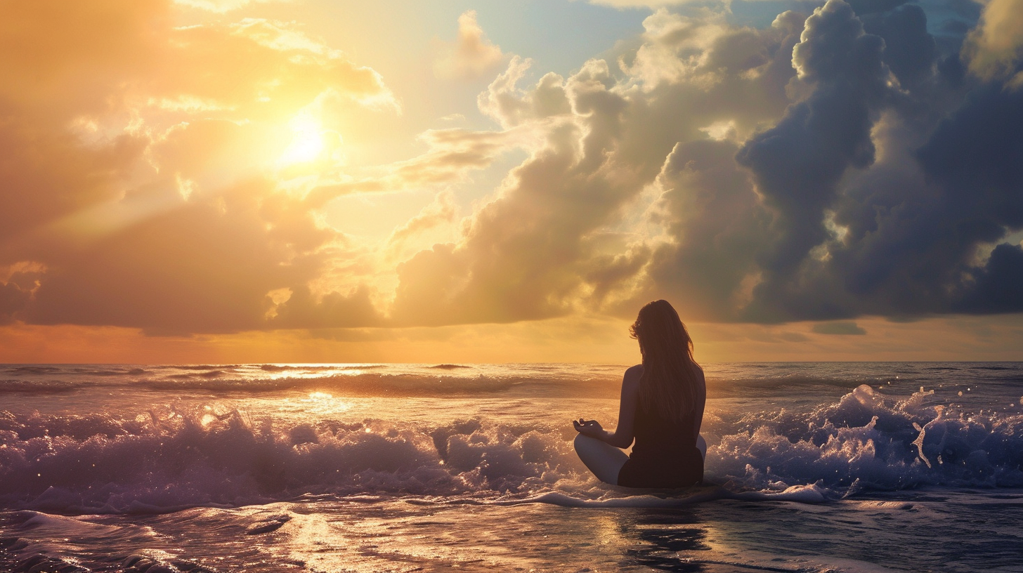 Meditation woman with dreams on beach sunset