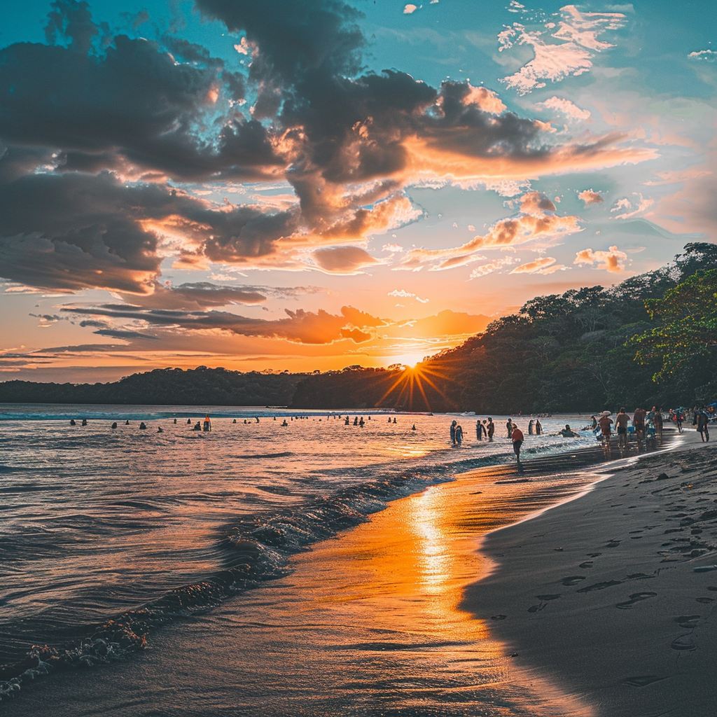 People enjoying beach activities at sunset