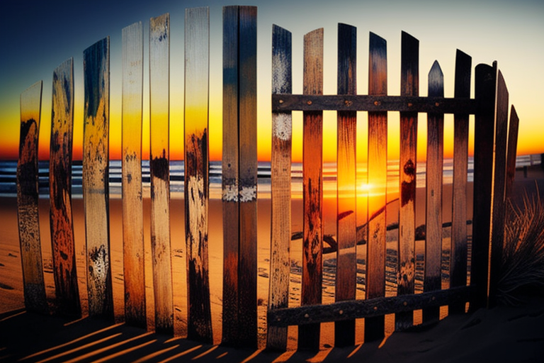 Realistic surfboard fence with stunning beach sunset