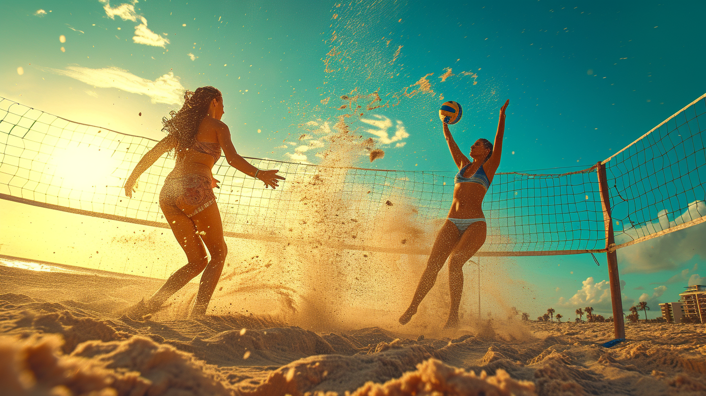 Beach volleyball action shot at sunset