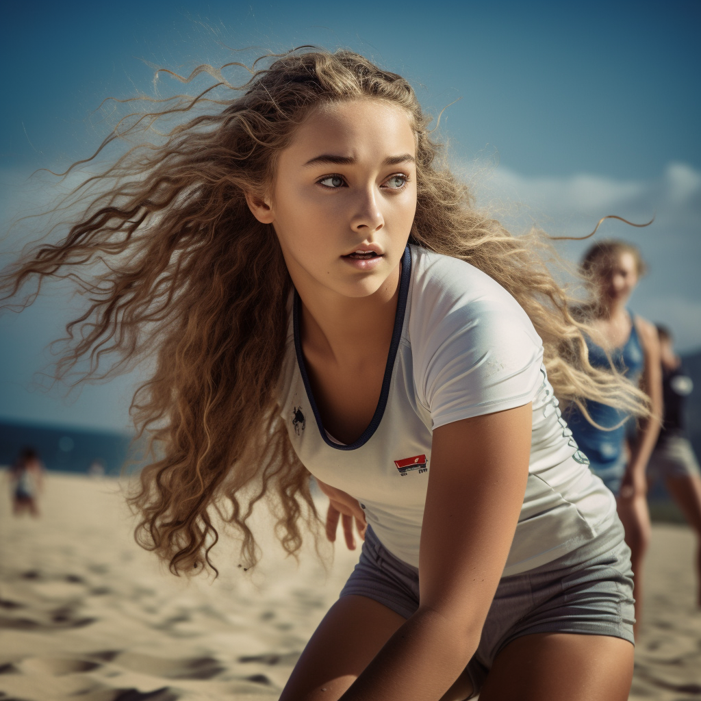 Girl playing beach volleyball, Florence Pugh