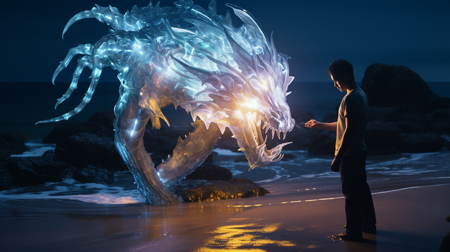 Glowing water dragon on beach at night