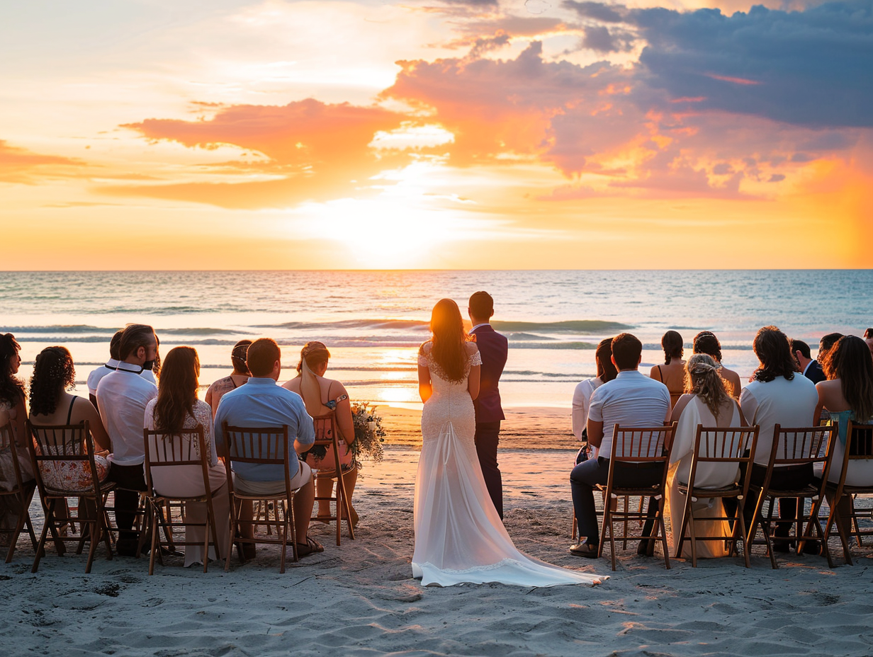 Beach Wedding Sunset with Bride and Groom