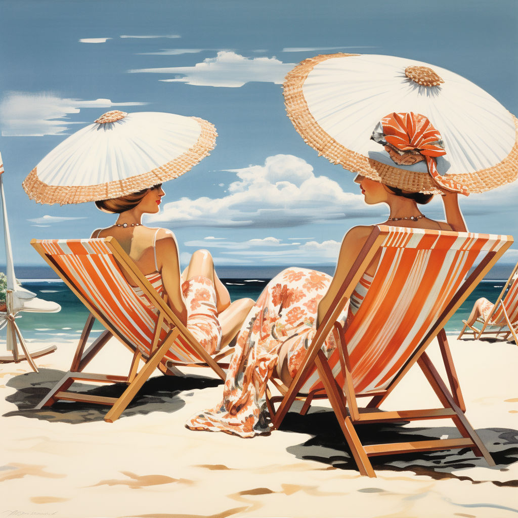 Two Women Enjoying Cocktails on Beach Chairs