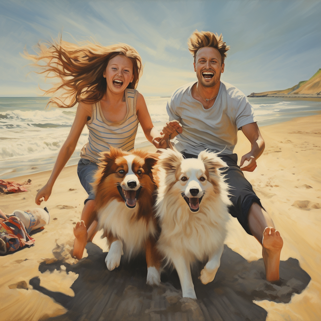 Happy family enjoying beach with their Shetland Sheepdog