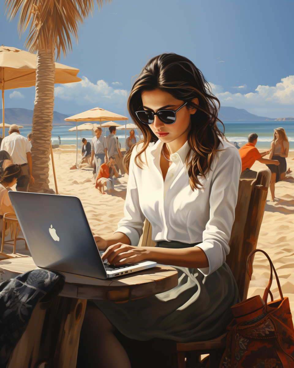 Pakistani female entrepreneur working on laptop on beach