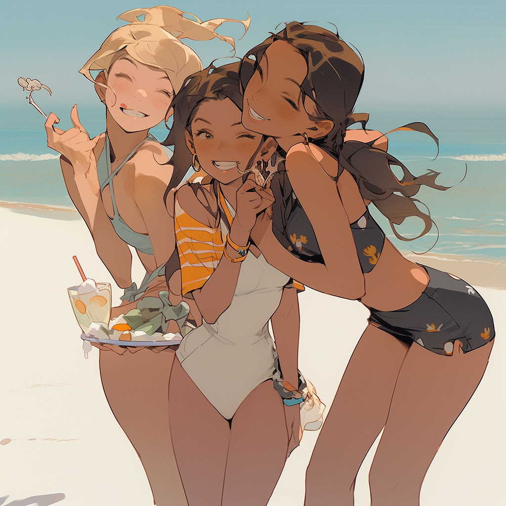 Three young women enjoying beach fun