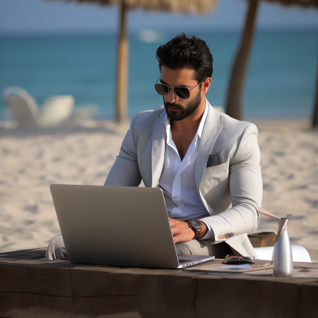 Pakistani entrepreneur working on laptop at beach