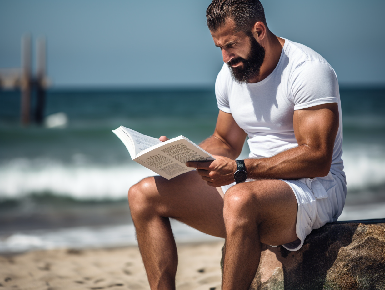 Muscular man reading book on Tel Aviv beach