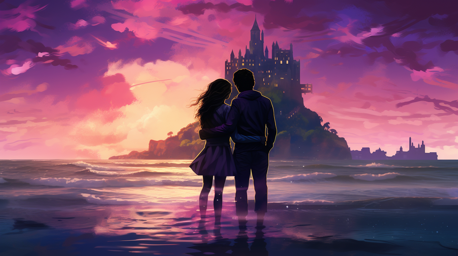 Couple Embracing on Beach with Epic Castle