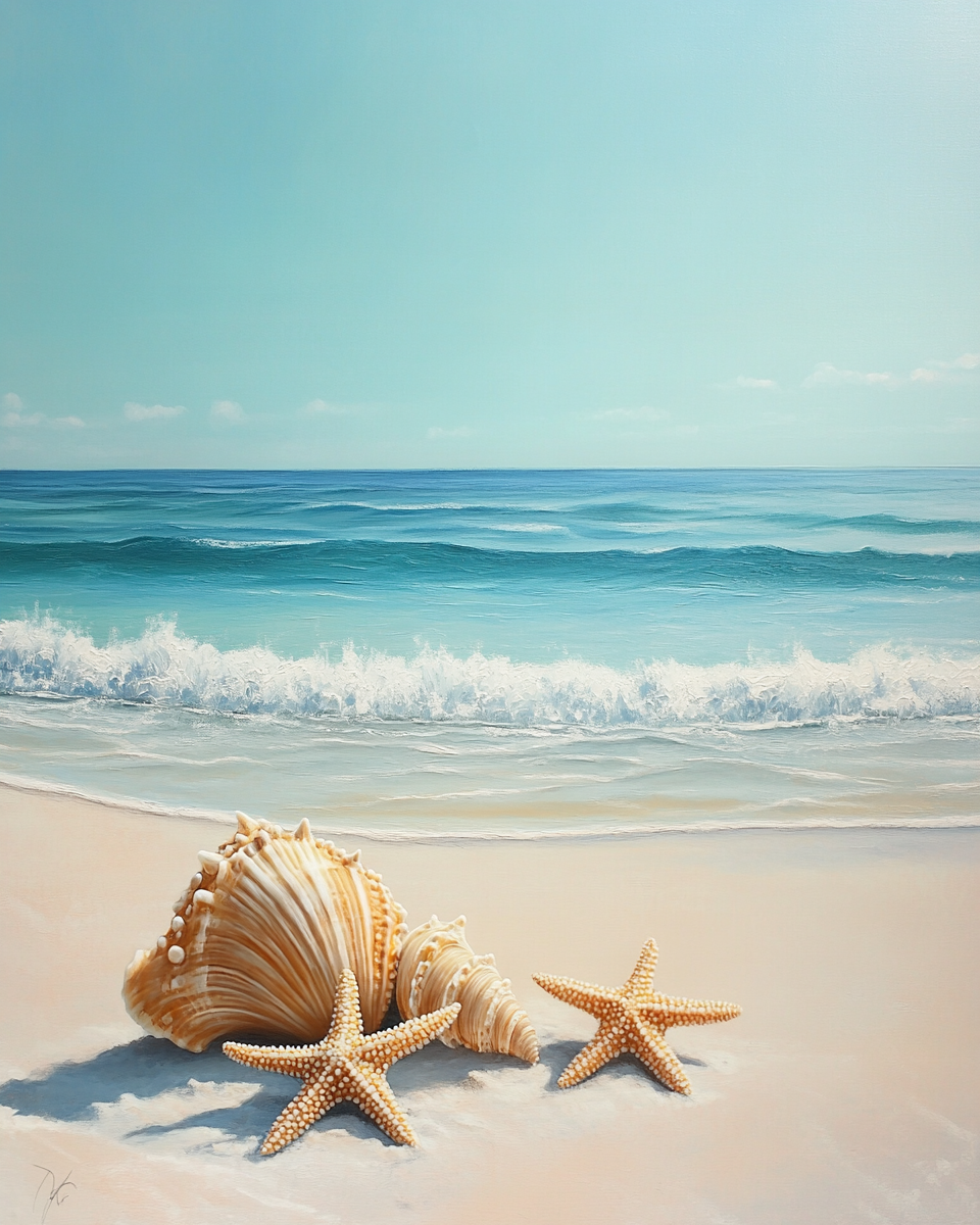 Starfish and Conch Shell on Beach