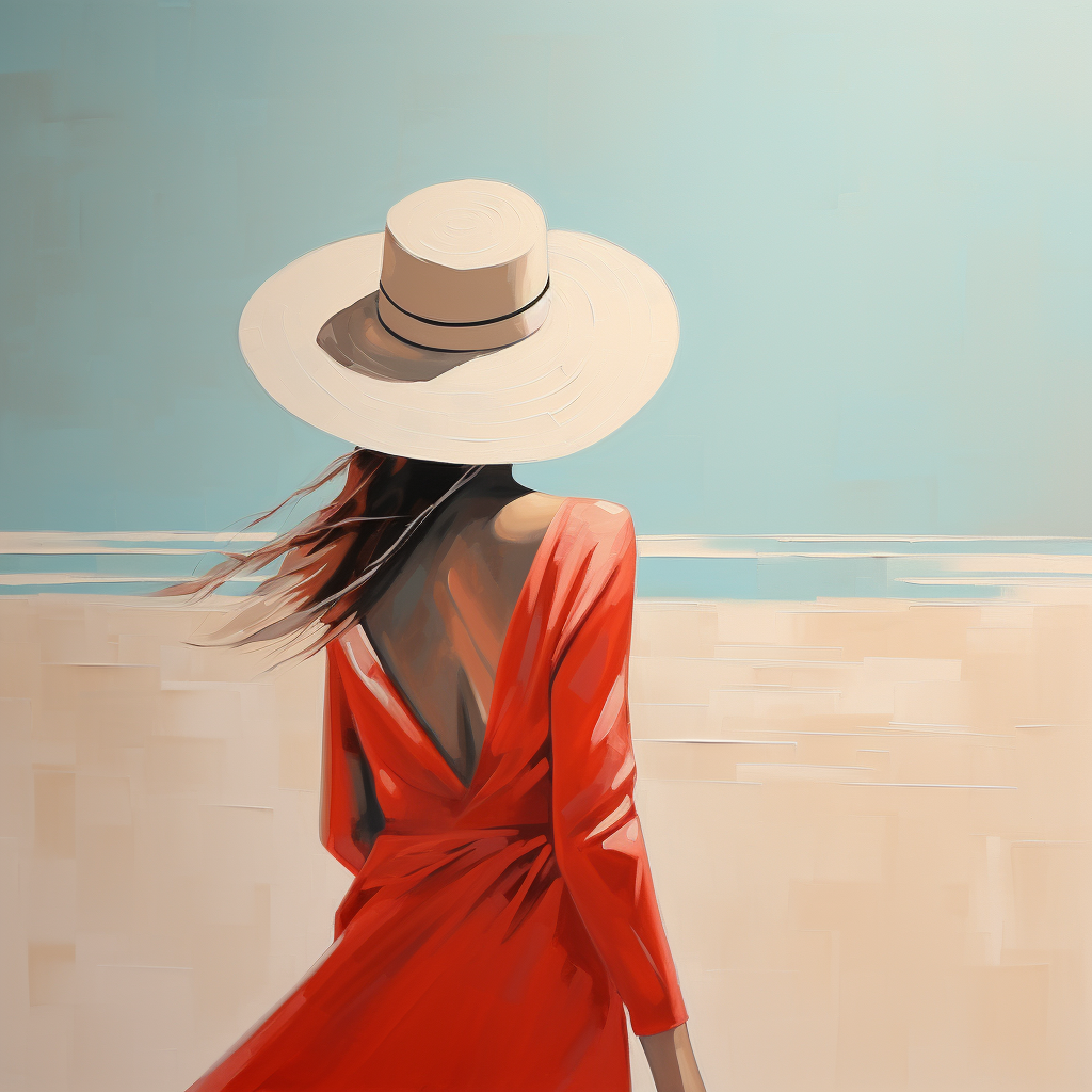 Woman with Beach Straw Hat and Falling Shadows