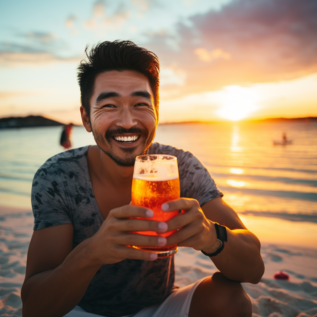 Asian man enjoying beer on beach