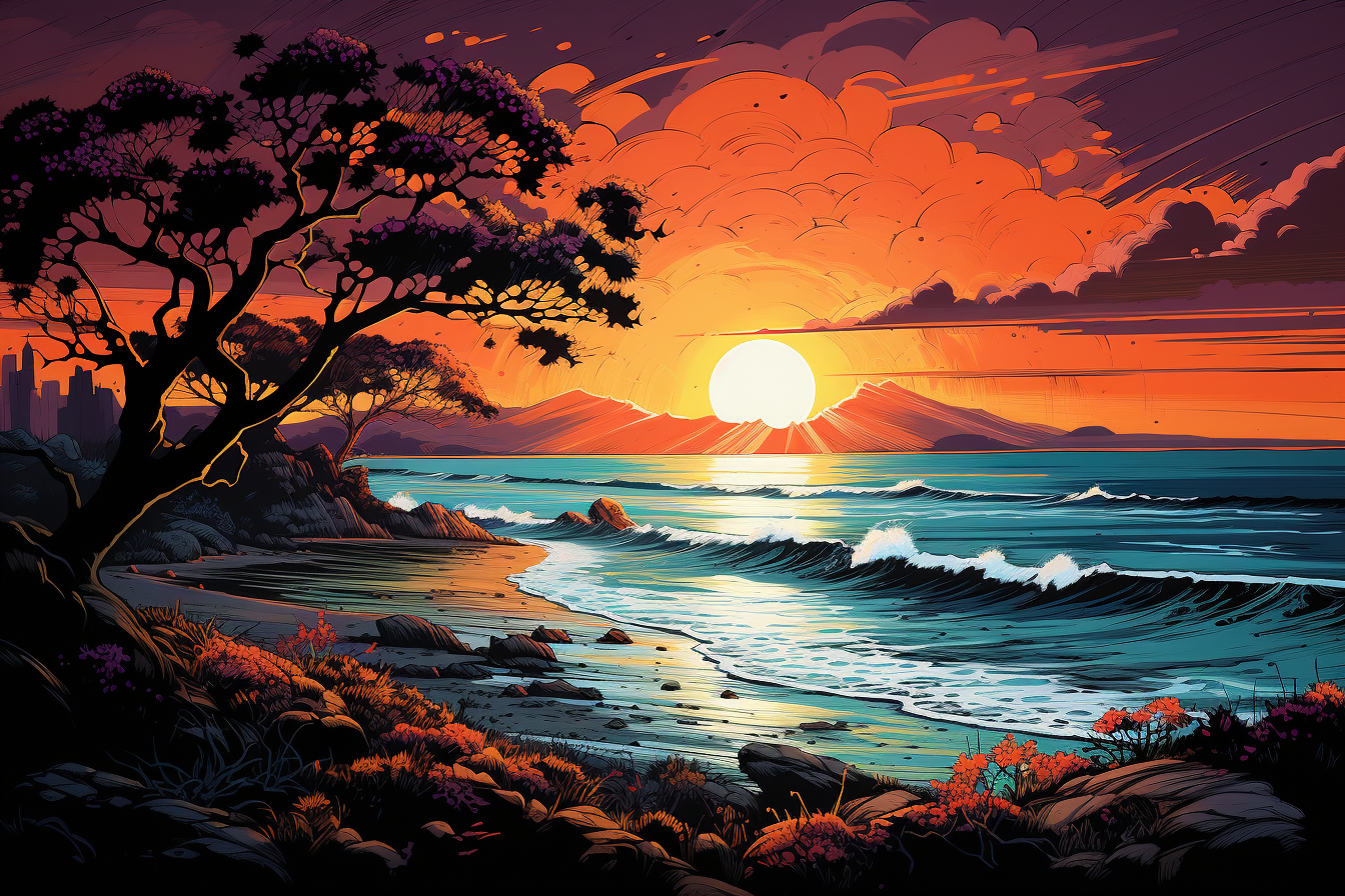 Beautiful beach sunset blacklight painting