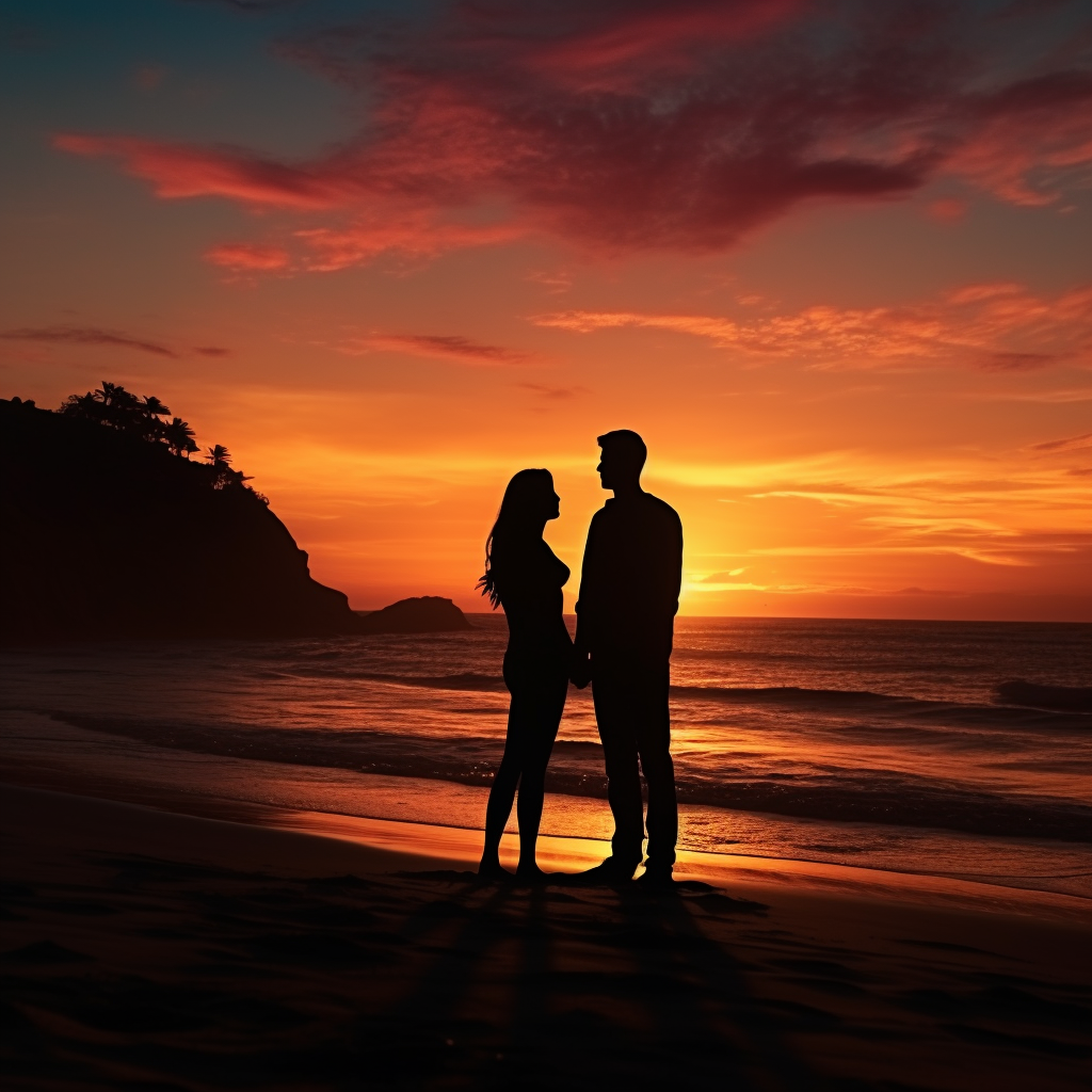 Silhouette of Young Couple at Brazil Beach Sunset