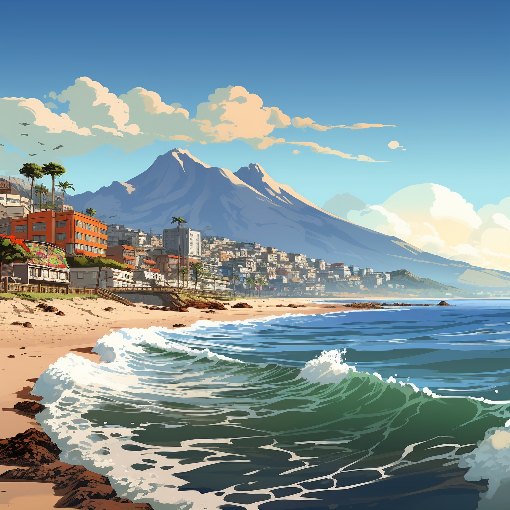 Vibrant beach town with ocean and mountain backdrop