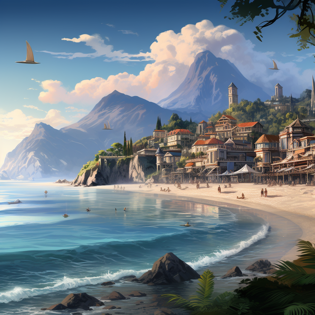 Beautiful beach town with ocean and mountain backdrop