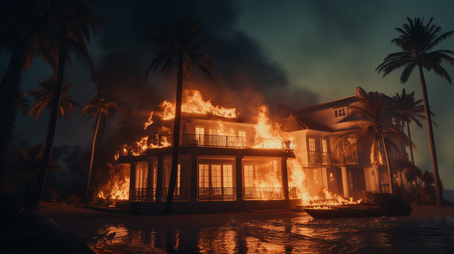 Burning Miami Beachside Mansion at Night