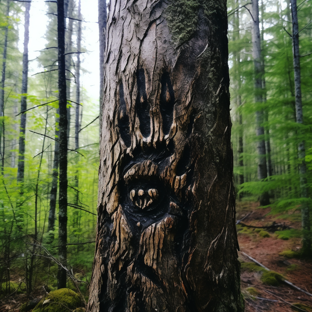 Bear claw scratch on mysterious forest tree