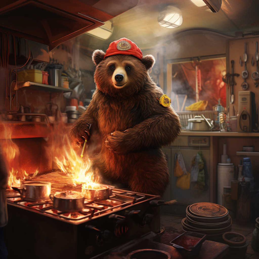 Bear cooking chili in fire station