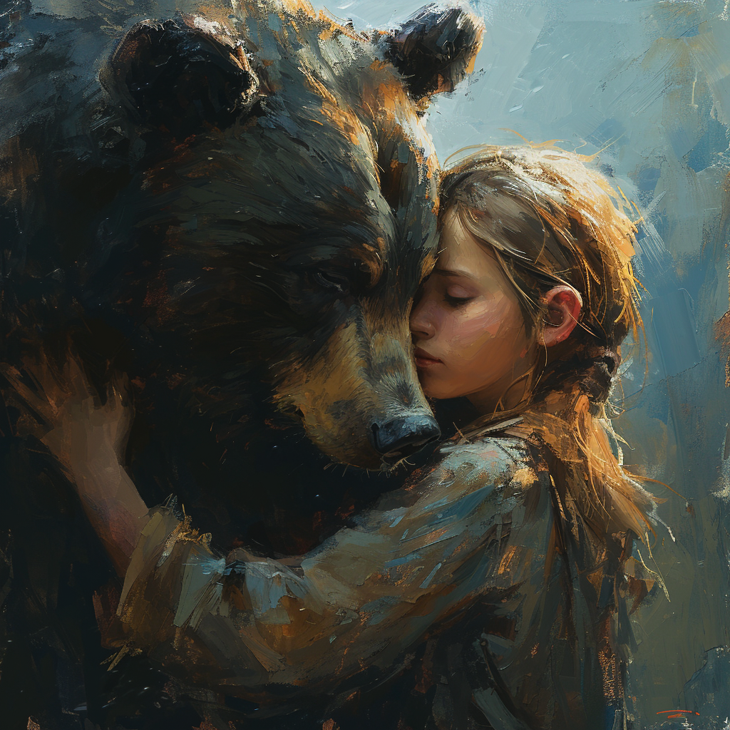 Bear Cub Comforting Girl, Artistic