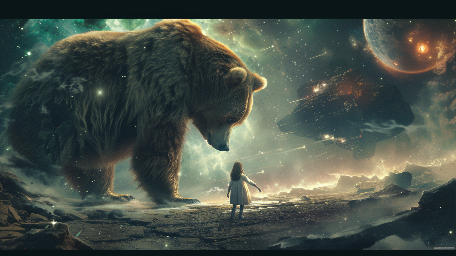 Bear defending girl, monster from outer space