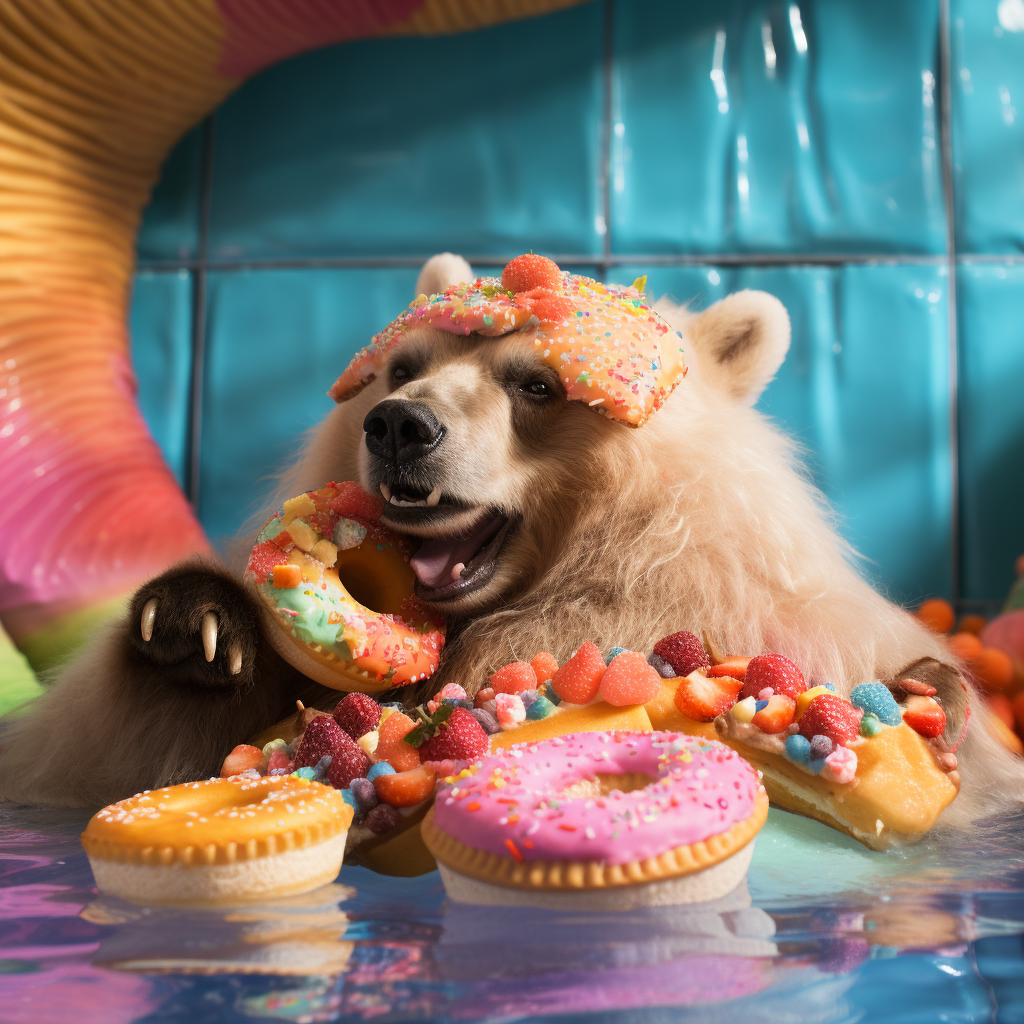 Bear enjoying snacks on unicorn pool floaty