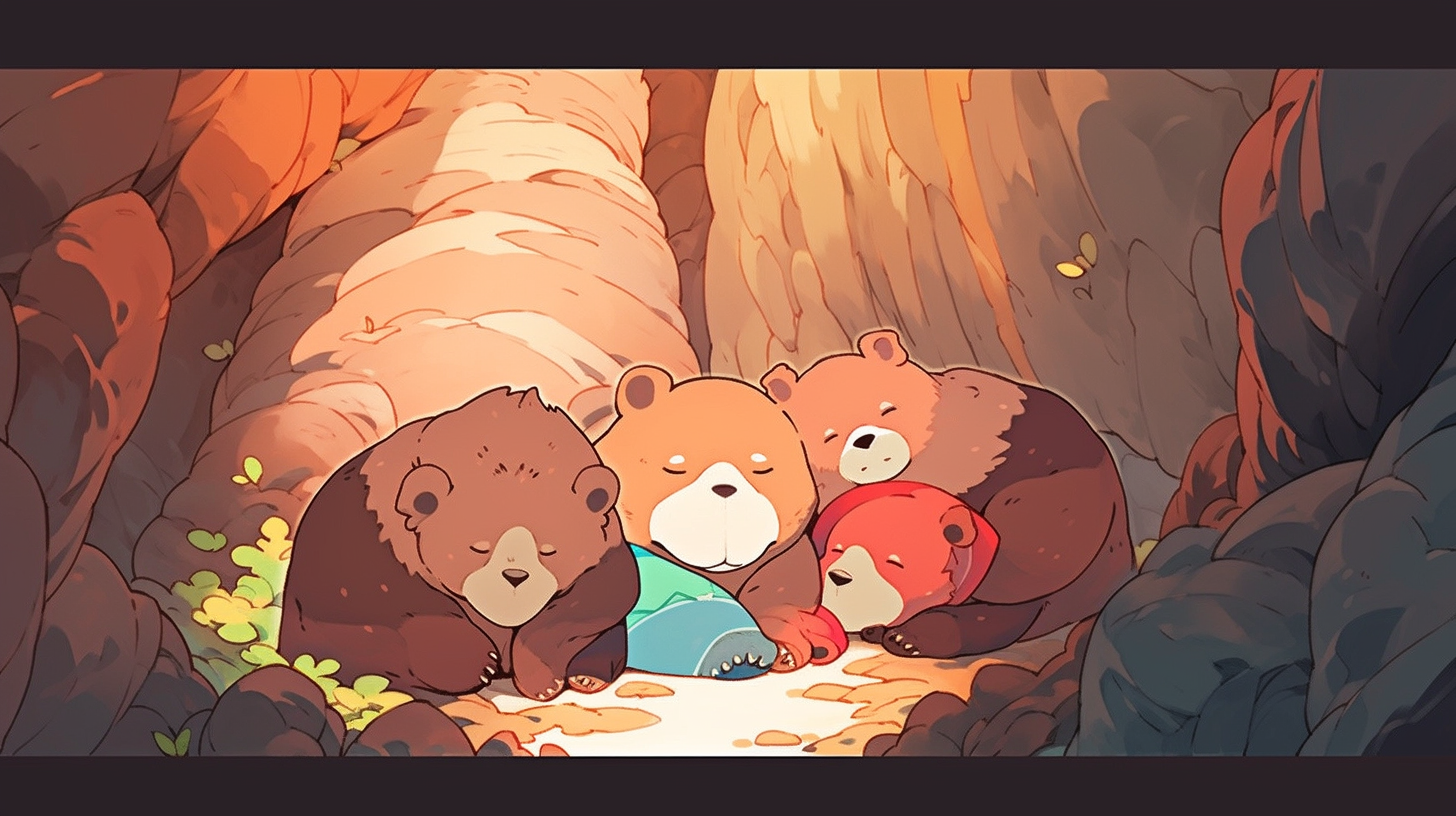 Bear group dreaming in cave