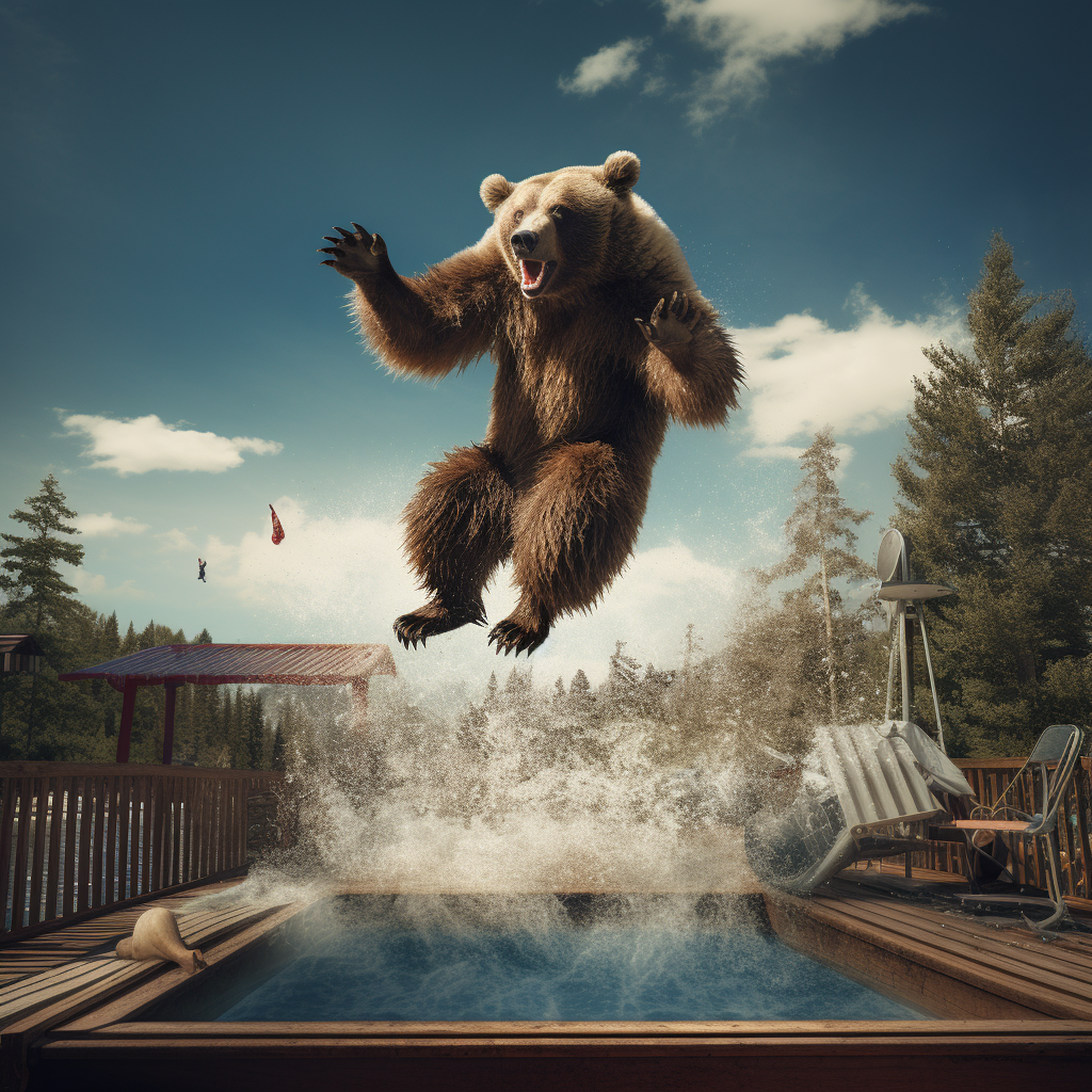 Bear enjoying diving board in swim trunks